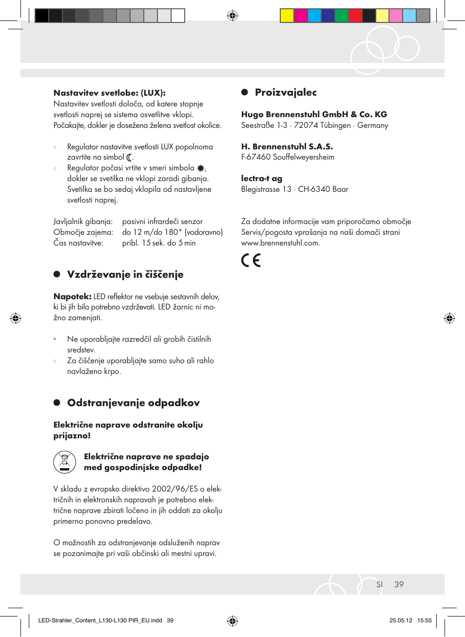 Vzdrževanje in čiščenje, Odstranjevanje odpadkov, Proizvajalec | Brennenstuhl LED Lamp L130 IP44 7,4W 560lm 130xLED black Energy efficiency class A+ User Manual | Page 39 / 44