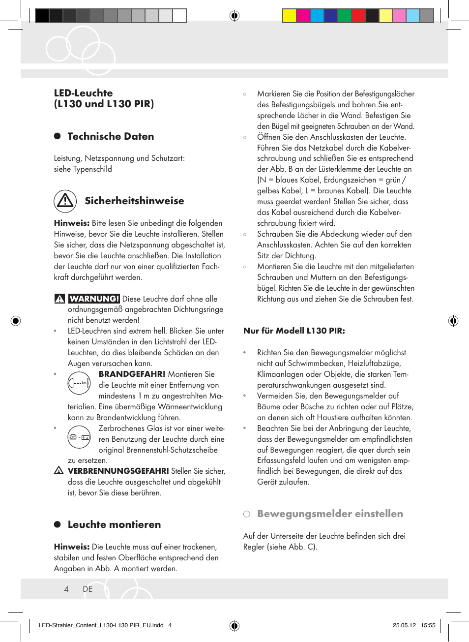 Sicherheitshinweise, Leuchte montieren, Bewegungsmelder einstellen | Brennenstuhl LED Lamp L130 IP44 7,4W 560lm 130xLED black Energy efficiency class A+ User Manual | Page 4 / 44