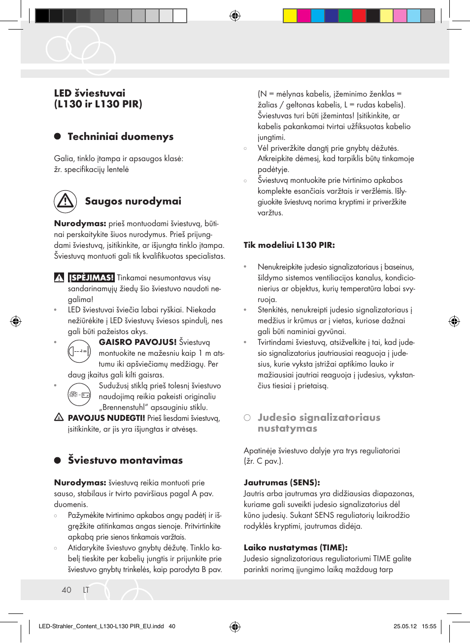 Saugos nurodymai, Šviestuvo montavimas, Judesio signalizatoriaus nustatymas | Brennenstuhl LED Lamp L130 IP44 7,4W 560lm 130xLED black Energy efficiency class A+ User Manual | Page 40 / 44