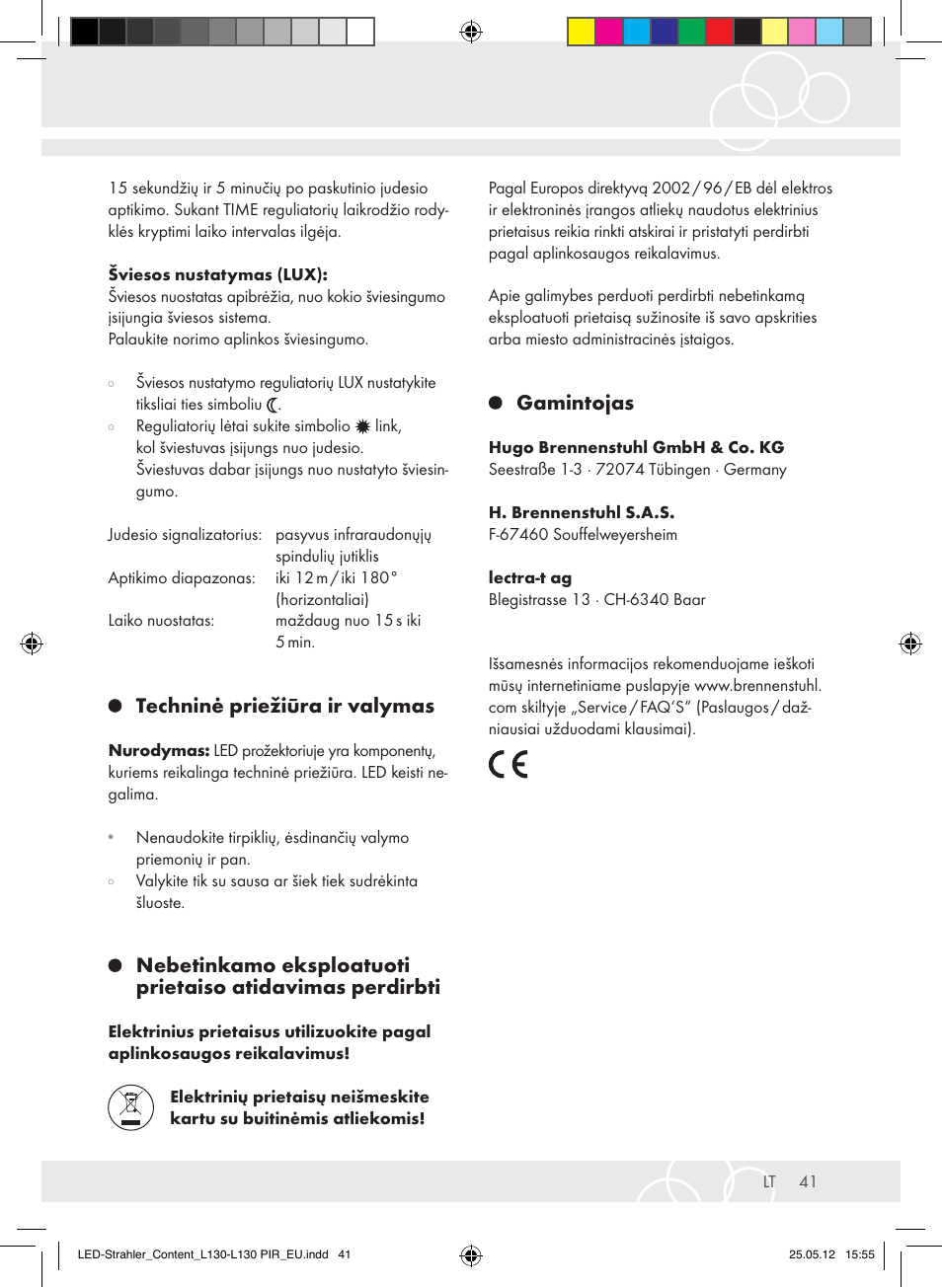 Techninė priežiūra ir valymas, Gamintojas | Brennenstuhl LED Lamp L130 IP44 7,4W 560lm 130xLED black Energy efficiency class A+ User Manual | Page 41 / 44