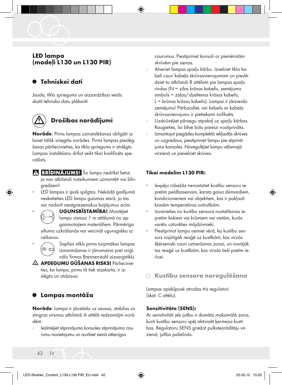 Drošības norādījumi, Lampas montāža, Kustību sensora noregulēšana | Brennenstuhl LED Lamp L130 IP44 7,4W 560lm 130xLED black Energy efficiency class A+ User Manual | Page 42 / 44