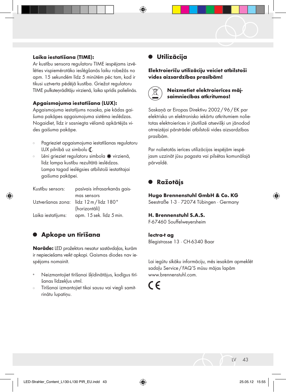Apkope un tīrīšana, Utilizācija, Ražotājs | Brennenstuhl LED Lamp L130 IP44 7,4W 560lm 130xLED black Energy efficiency class A+ User Manual | Page 43 / 44