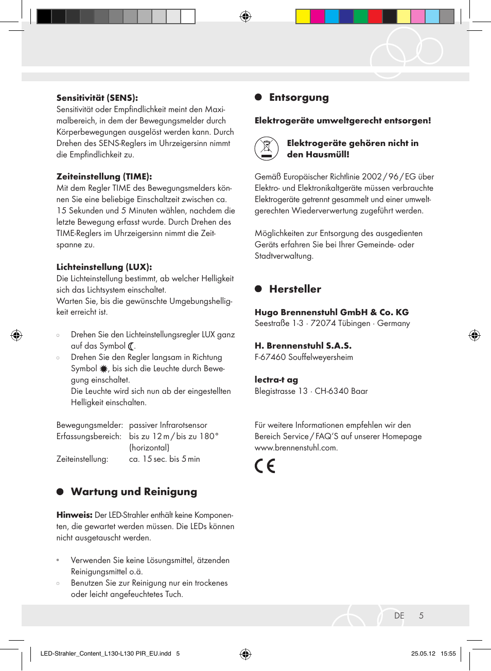 Wartung und reinigung, Entsorgung, Hersteller | Brennenstuhl LED Lamp L130 IP44 7,4W 560lm 130xLED black Energy efficiency class A+ User Manual | Page 5 / 44