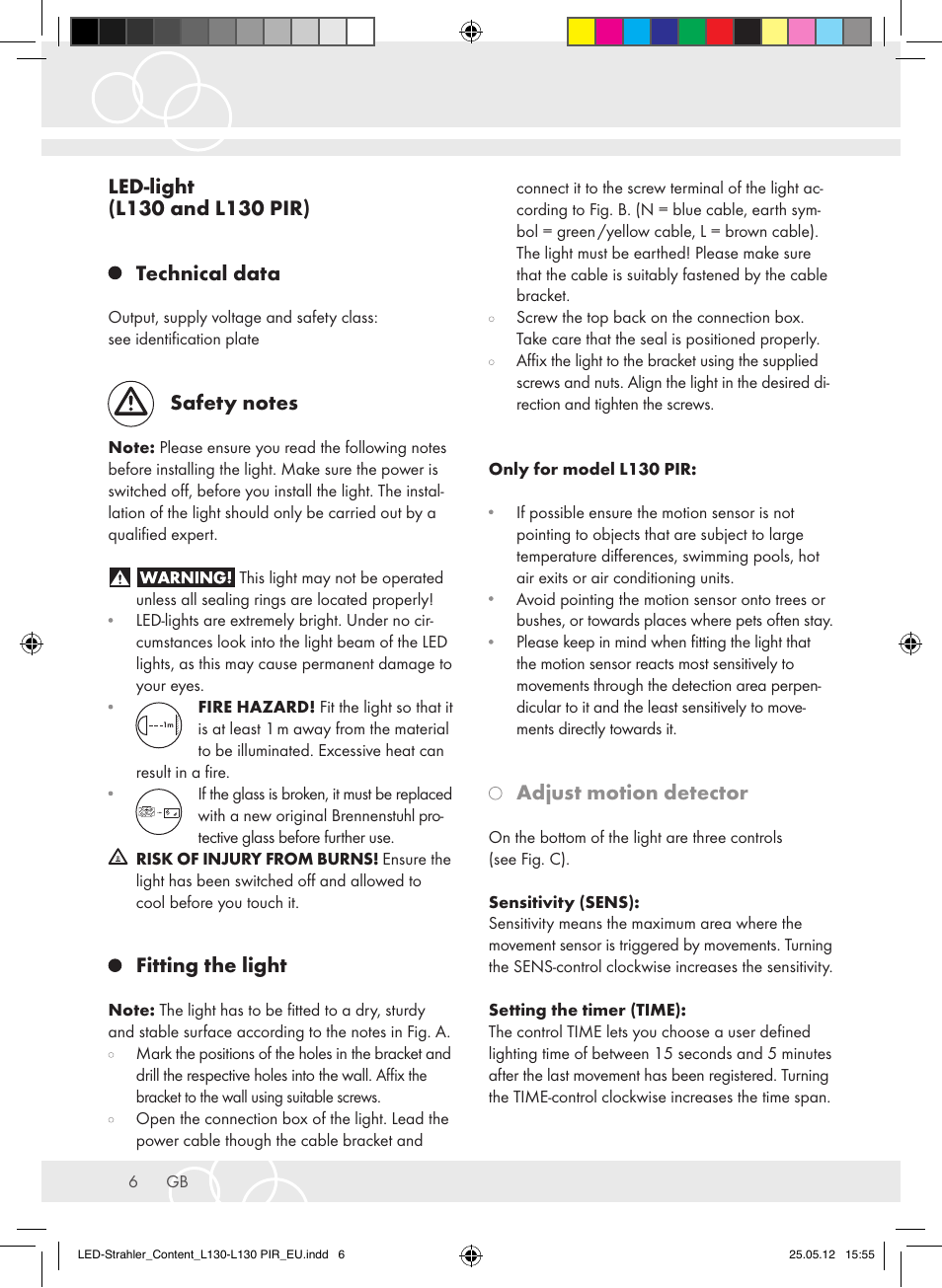 Fitting the light, Adjust motion detector | Brennenstuhl LED Lamp L130 IP44 7,4W 560lm 130xLED black Energy efficiency class A+ User Manual | Page 6 / 44