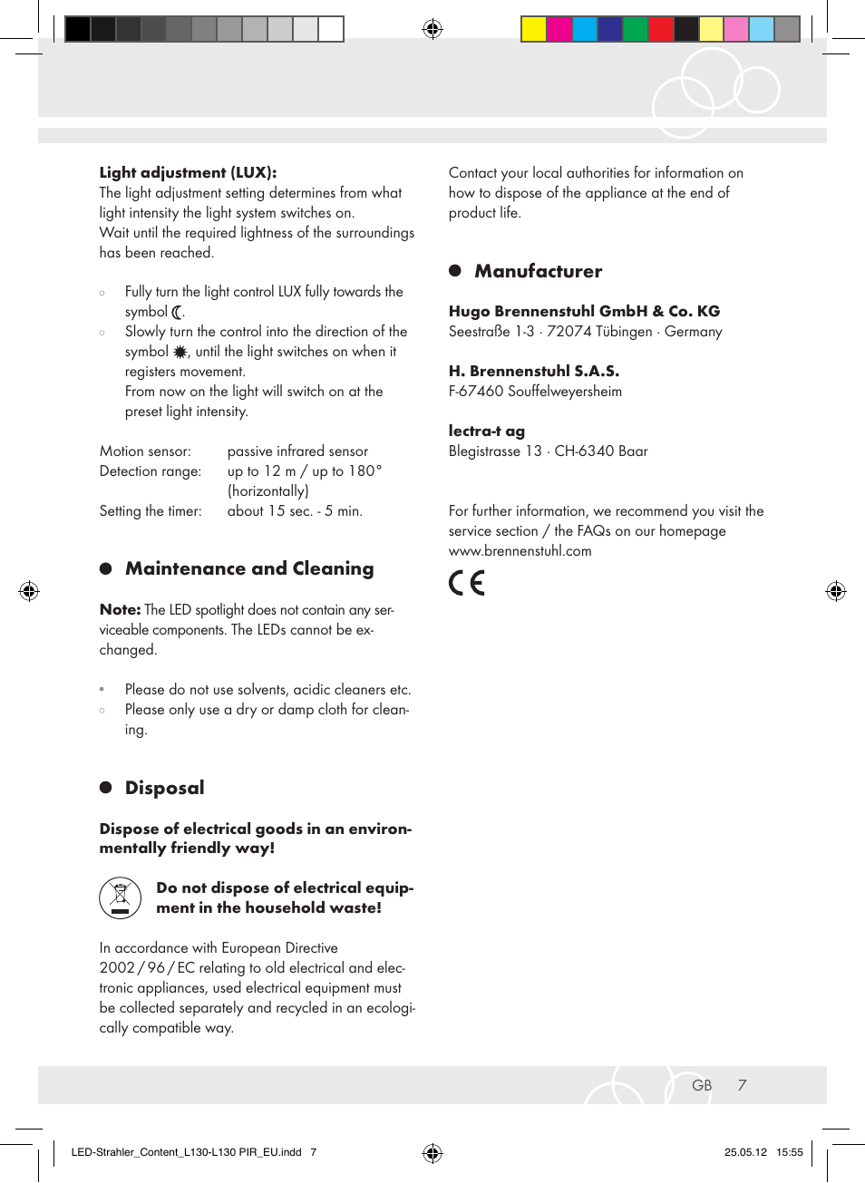 Maintenance and cleaning, Disposal, Manufacturer | Brennenstuhl LED Lamp L130 IP44 7,4W 560lm 130xLED black Energy efficiency class A+ User Manual | Page 7 / 44