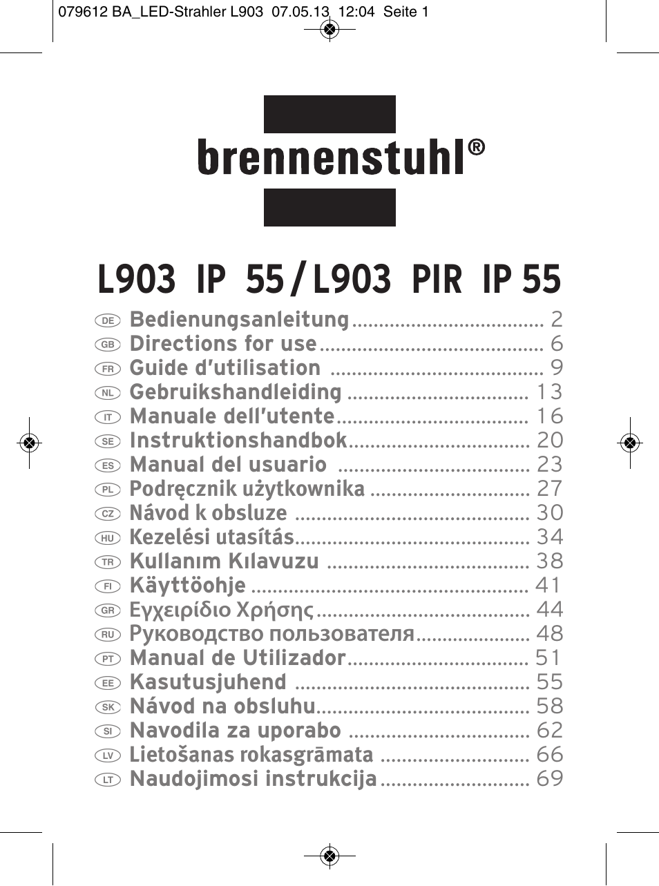 Brennenstuhl Chip LED Light L CN 150 PIR IP44 with PIR sensor 50W 3500lm Energy efficiency class A User Manual | 72 pages