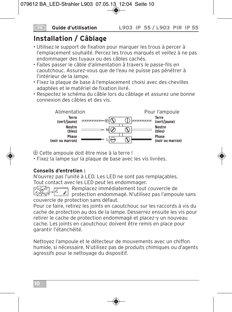 Installation / câblage | Brennenstuhl Chip LED Light L CN 150 PIR IP44 with PIR sensor 50W 3500lm Energy efficiency class A User Manual | Page 10 / 72