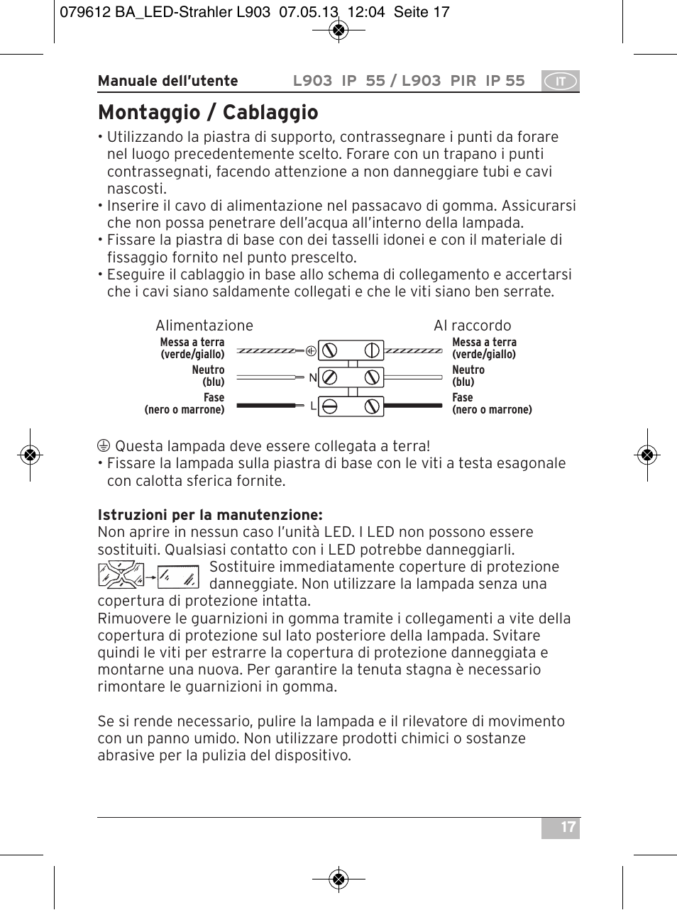 Montaggio / cablaggio | Brennenstuhl Chip LED Light L CN 150 PIR IP44 with PIR sensor 50W 3500lm Energy efficiency class A User Manual | Page 17 / 72