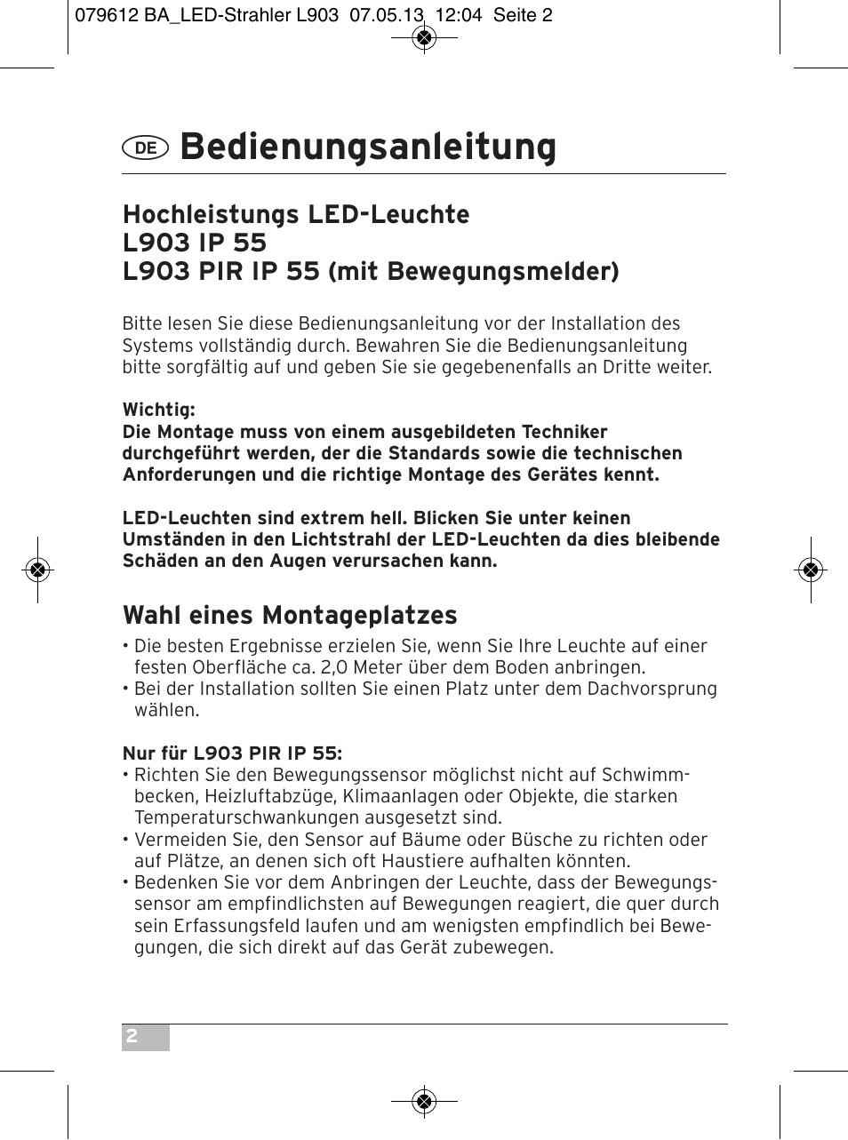 Bedienungsanleitung, Wahl eines montageplatzes | Brennenstuhl Chip LED Light L CN 150 PIR IP44 with PIR sensor 50W 3500lm Energy efficiency class A User Manual | Page 2 / 72
