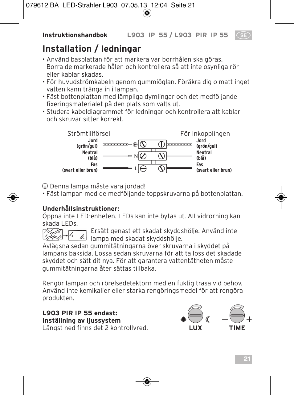 Installation / ledningar | Brennenstuhl Chip LED Light L CN 150 PIR IP44 with PIR sensor 50W 3500lm Energy efficiency class A User Manual | Page 21 / 72