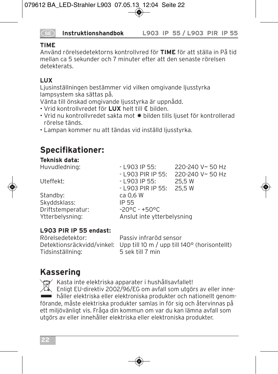 Specifikationer, Kassering | Brennenstuhl Chip LED Light L CN 150 PIR IP44 with PIR sensor 50W 3500lm Energy efficiency class A User Manual | Page 22 / 72