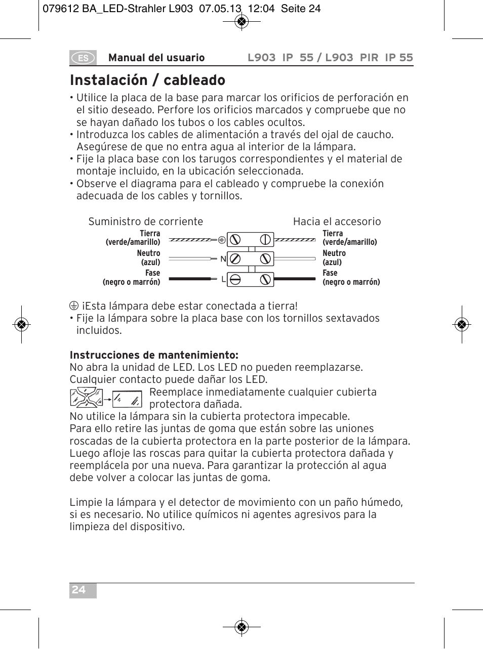 Instalación / cableado | Brennenstuhl Chip LED Light L CN 150 PIR IP44 with PIR sensor 50W 3500lm Energy efficiency class A User Manual | Page 24 / 72