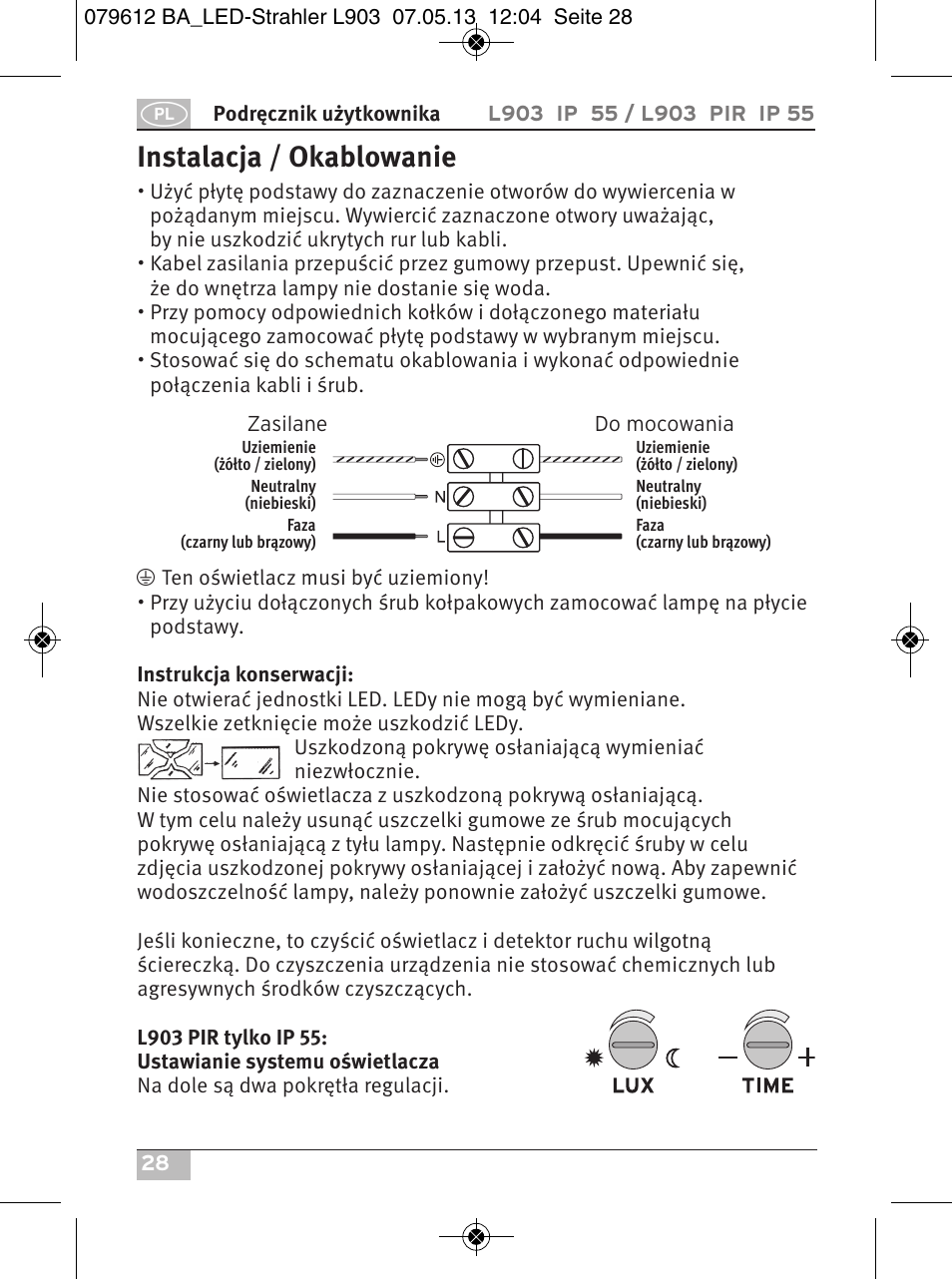 Instalacja / okablowanie | Brennenstuhl Chip LED Light L CN 150 PIR IP44 with PIR sensor 50W 3500lm Energy efficiency class A User Manual | Page 28 / 72