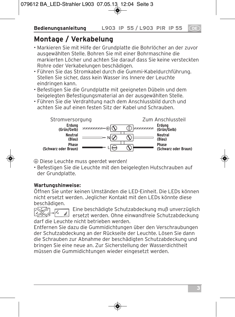 Montage / verkabelung | Brennenstuhl Chip LED Light L CN 150 PIR IP44 with PIR sensor 50W 3500lm Energy efficiency class A User Manual | Page 3 / 72