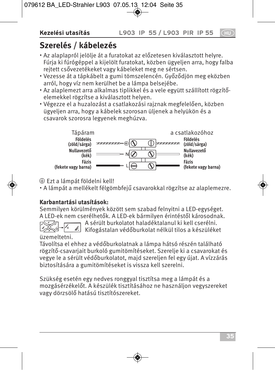 Szerelés / kábelezés | Brennenstuhl Chip LED Light L CN 150 PIR IP44 with PIR sensor 50W 3500lm Energy efficiency class A User Manual | Page 35 / 72