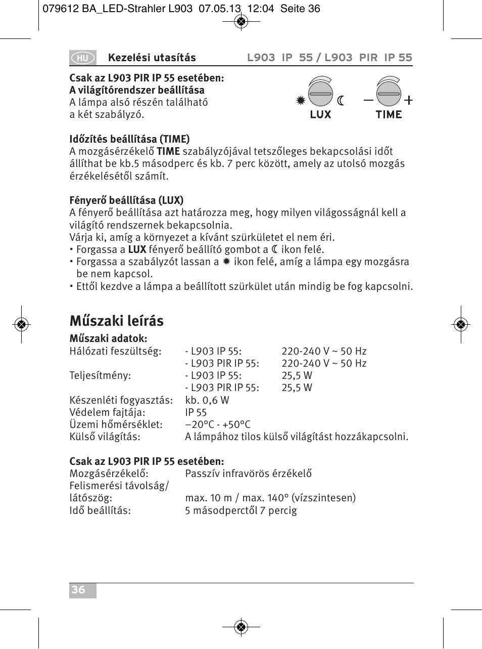 Műszaki leírás | Brennenstuhl Chip LED Light L CN 150 PIR IP44 with PIR sensor 50W 3500lm Energy efficiency class A User Manual | Page 36 / 72