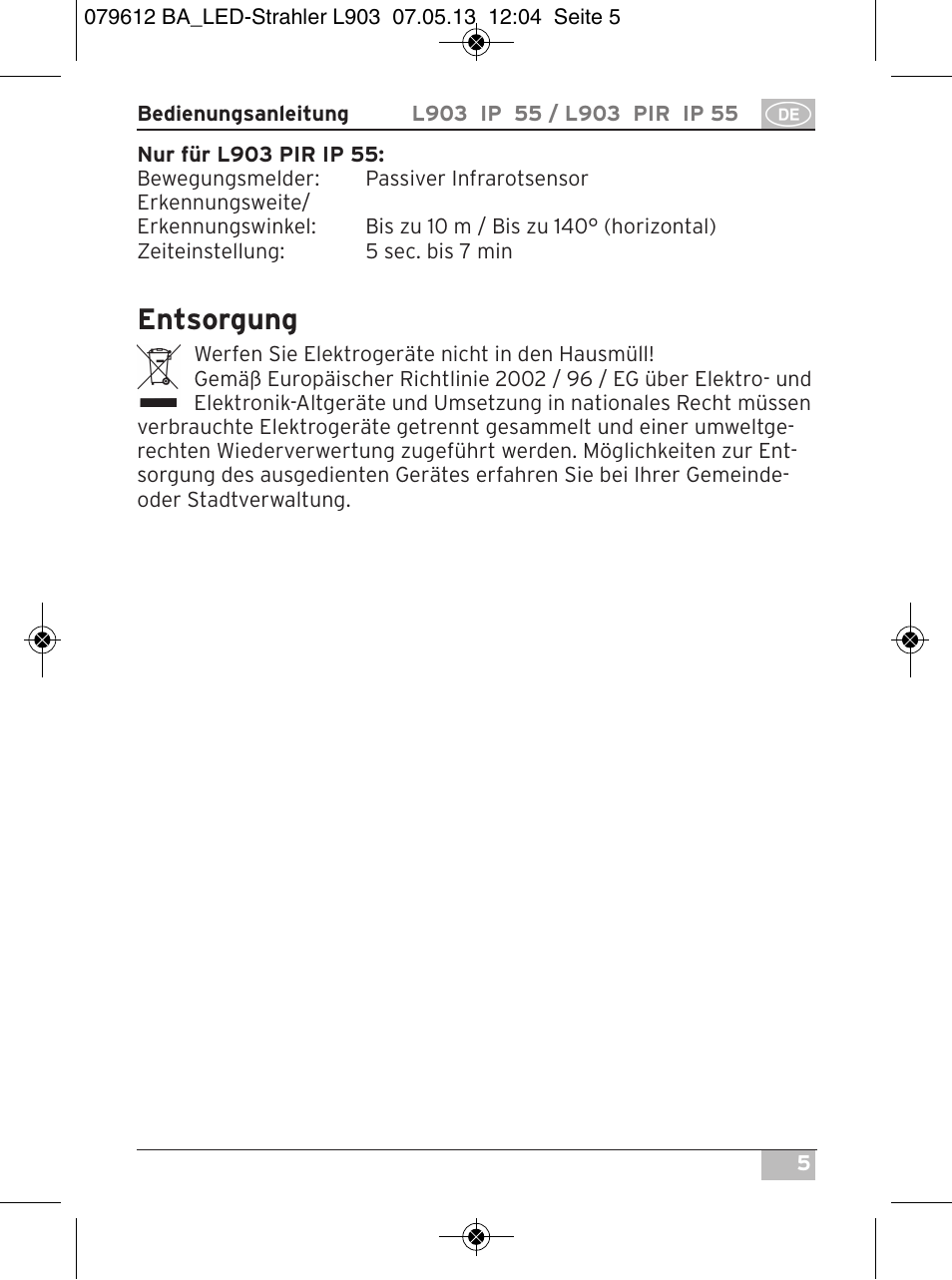 Entsorgung | Brennenstuhl Chip LED Light L CN 150 PIR IP44 with PIR sensor 50W 3500lm Energy efficiency class A User Manual | Page 5 / 72