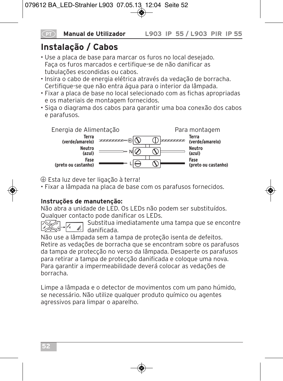 Instalação / cabos | Brennenstuhl Chip LED Light L CN 150 PIR IP44 with PIR sensor 50W 3500lm Energy efficiency class A User Manual | Page 52 / 72