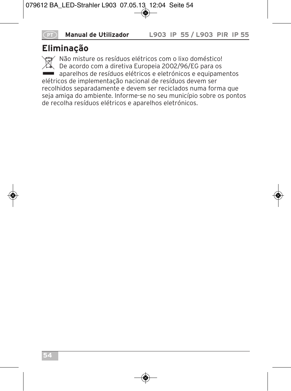 Eliminação | Brennenstuhl Chip LED Light L CN 150 PIR IP44 with PIR sensor 50W 3500lm Energy efficiency class A User Manual | Page 54 / 72