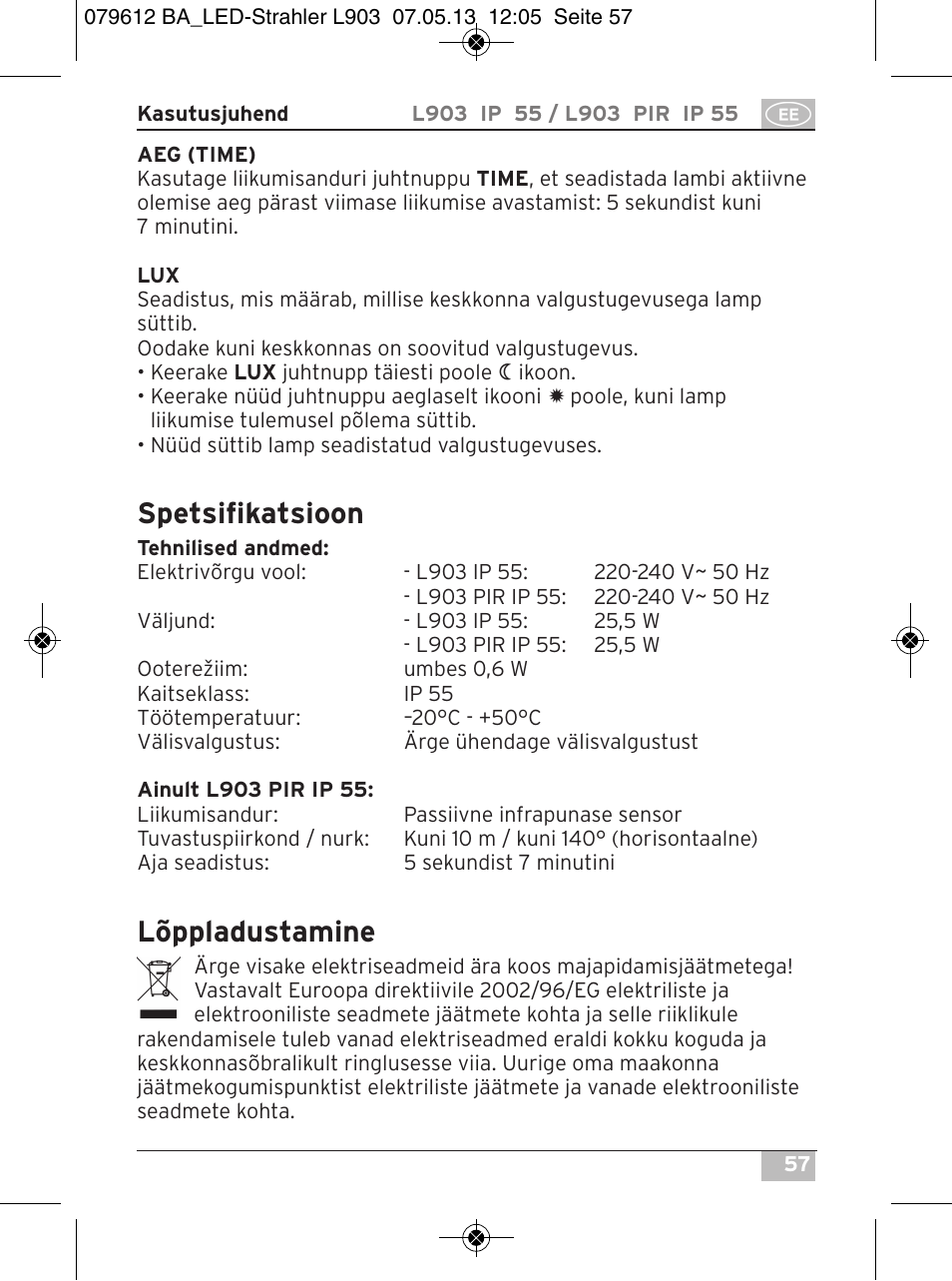 Spetsifikatsioon, Lõppladustamine | Brennenstuhl Chip LED Light L CN 150 PIR IP44 with PIR sensor 50W 3500lm Energy efficiency class A User Manual | Page 57 / 72
