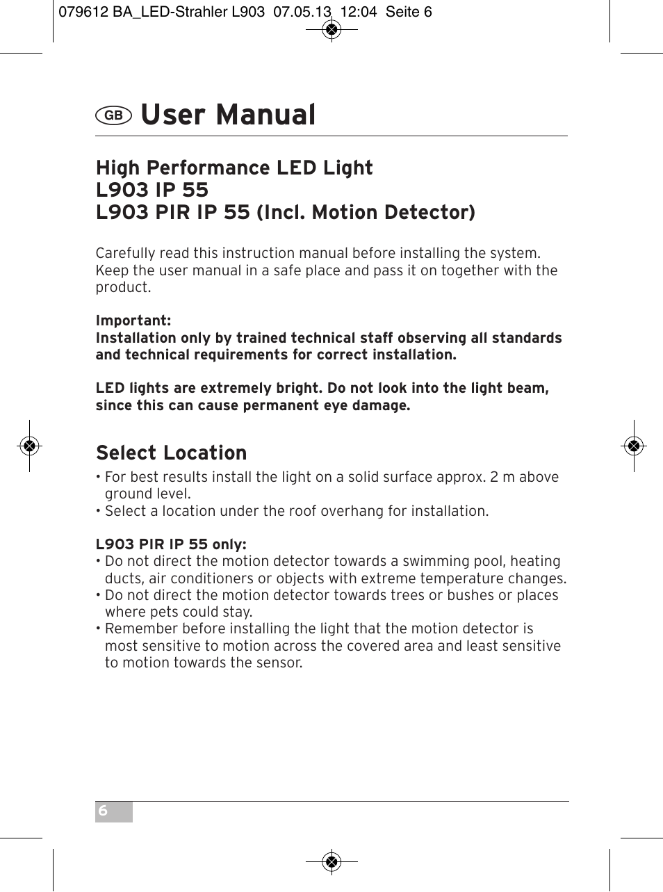 User manual, Select location | Brennenstuhl Chip LED Light L CN 150 PIR IP44 with PIR sensor 50W 3500lm Energy efficiency class A User Manual | Page 6 / 72