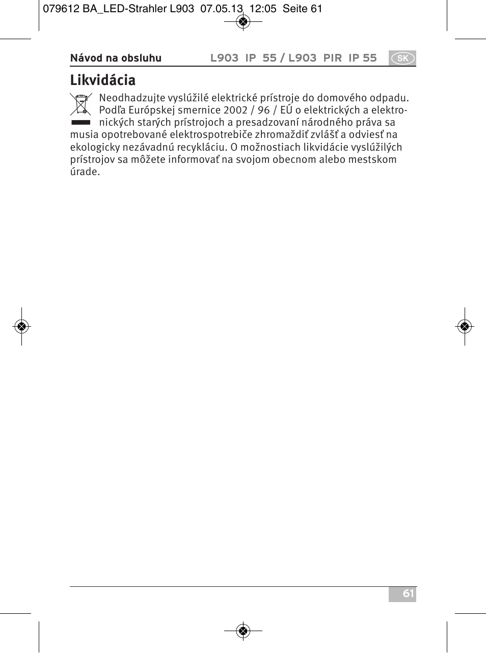 Likvidácia | Brennenstuhl Chip LED Light L CN 150 PIR IP44 with PIR sensor 50W 3500lm Energy efficiency class A User Manual | Page 61 / 72