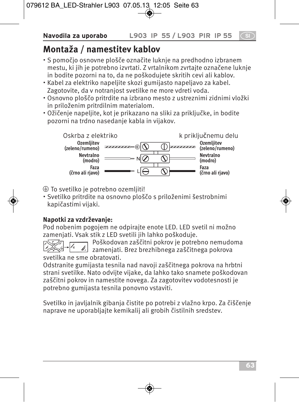 Montaža / namestitev kablov | Brennenstuhl Chip LED Light L CN 150 PIR IP44 with PIR sensor 50W 3500lm Energy efficiency class A User Manual | Page 63 / 72