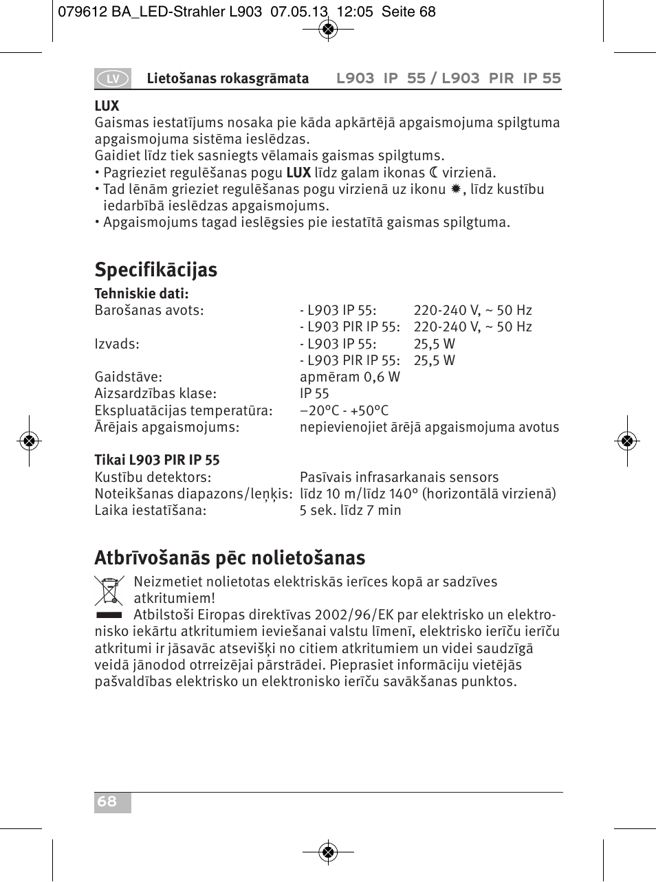 Specifikācijas, Atbrīvošanās pēc nolietošanas | Brennenstuhl Chip LED Light L CN 150 PIR IP44 with PIR sensor 50W 3500lm Energy efficiency class A User Manual | Page 68 / 72