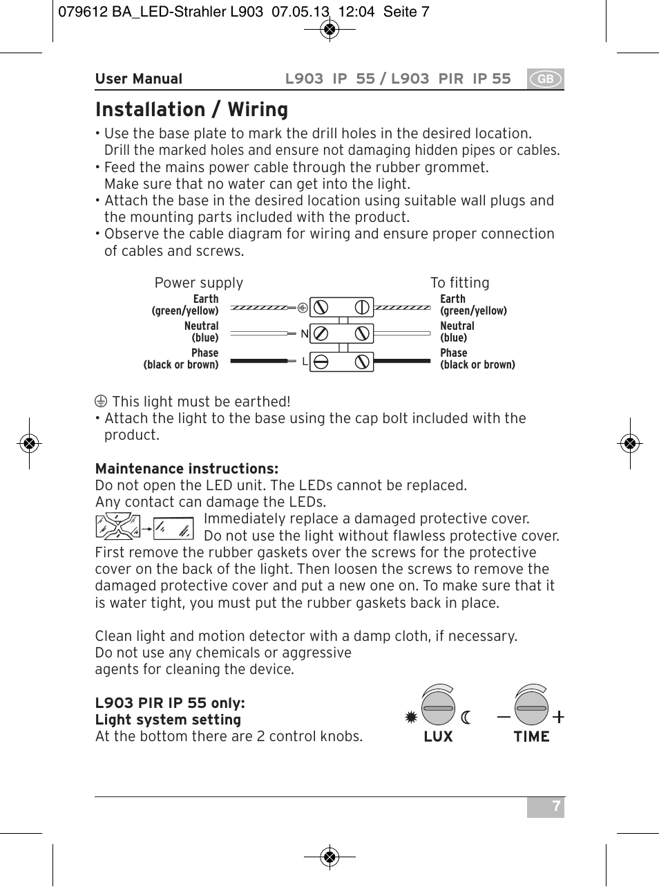 Installation / wiring | Brennenstuhl Chip LED Light L CN 150 PIR IP44 with PIR sensor 50W 3500lm Energy efficiency class A User Manual | Page 7 / 72