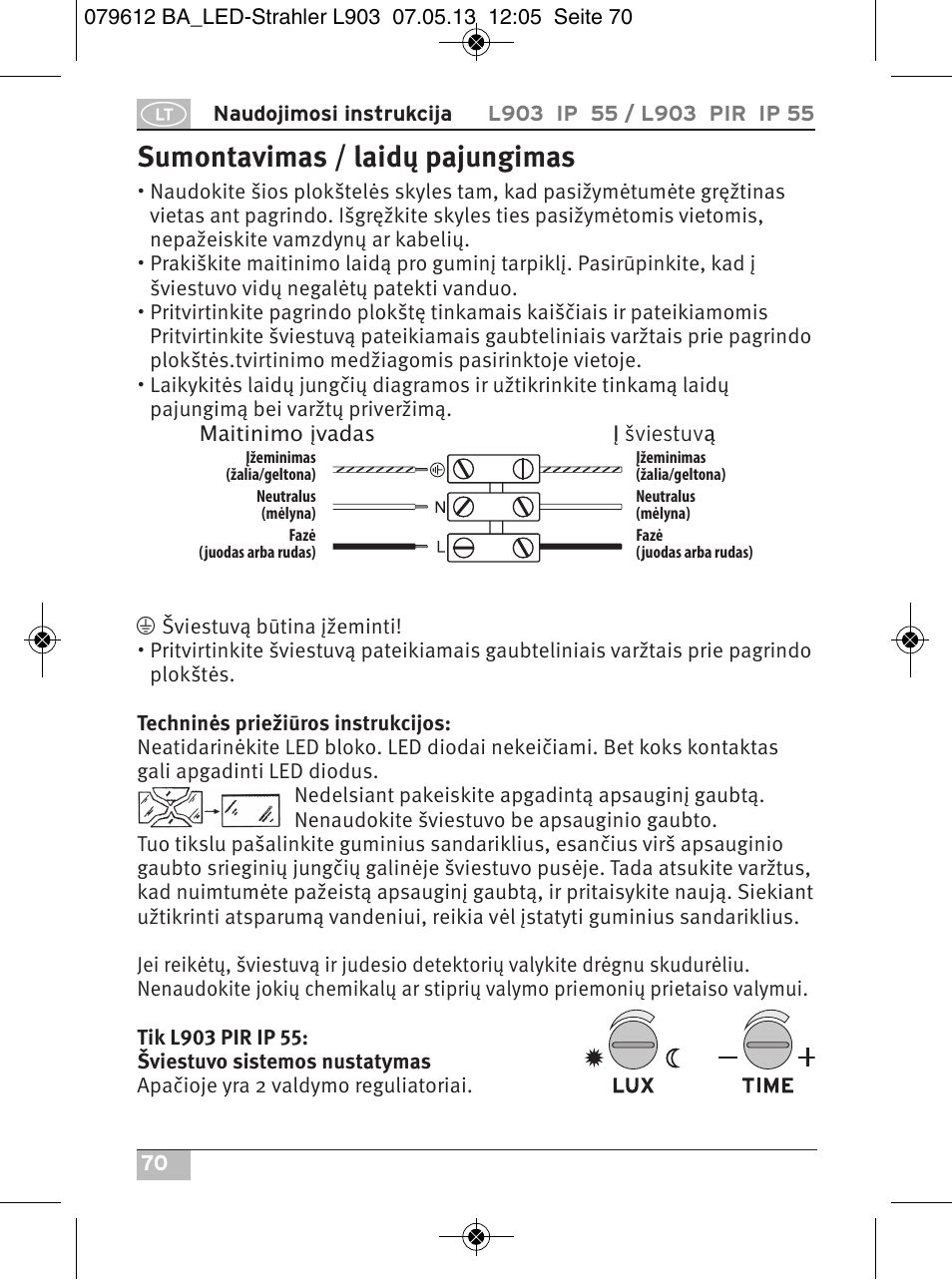 Sumontavimas / laidų pajungimas | Brennenstuhl Chip LED Light L CN 150 PIR IP44 with PIR sensor 50W 3500lm Energy efficiency class A User Manual | Page 70 / 72