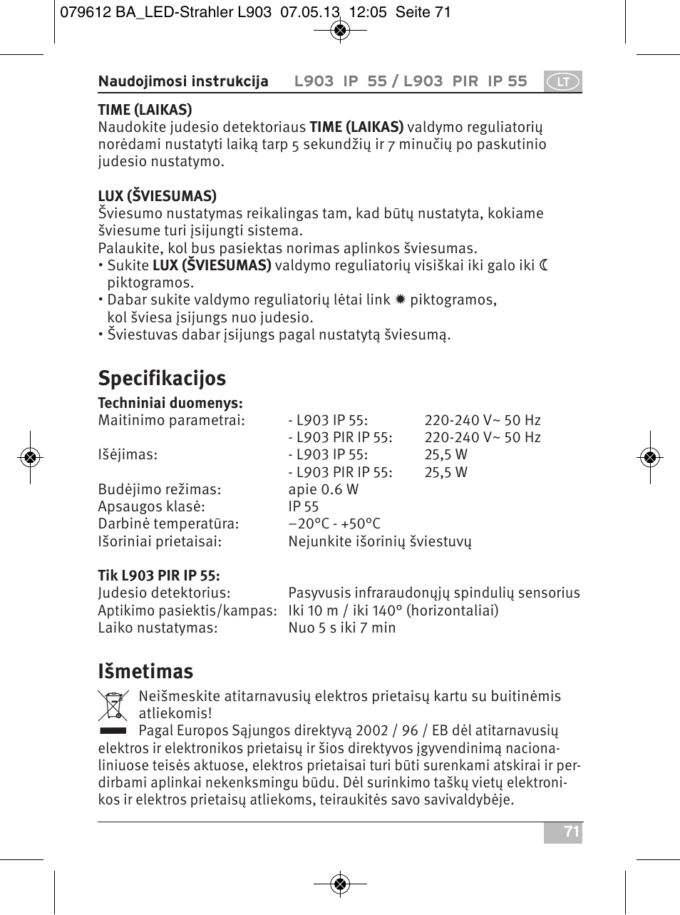 Specifikacijos, Išmetimas | Brennenstuhl Chip LED Light L CN 150 PIR IP44 with PIR sensor 50W 3500lm Energy efficiency class A User Manual | Page 71 / 72