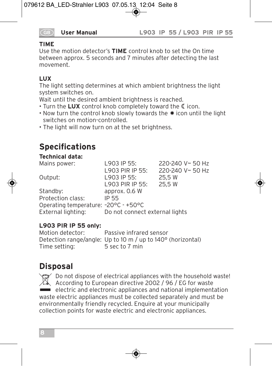Specifications, Disposal | Brennenstuhl Chip LED Light L CN 150 PIR IP44 with PIR sensor 50W 3500lm Energy efficiency class A User Manual | Page 8 / 72