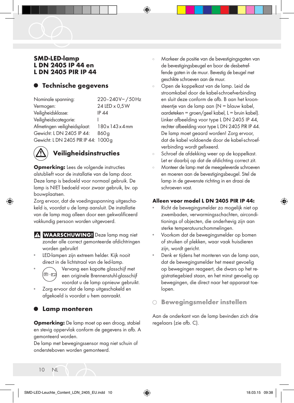 Veiligheidsinstructies, Lamp monteren, Bewegingsmelder instellen | Brennenstuhl High Performance LED Lamp L903 IP55 9x3W 1675lm white Energy efficiency class A User Manual | Page 10 / 48