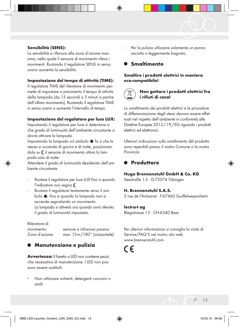 Manutenzione e pulizia, Smaltimento, Produttore | Brennenstuhl High Performance LED Lamp L903 IP55 9x3W 1675lm white Energy efficiency class A User Manual | Page 13 / 48