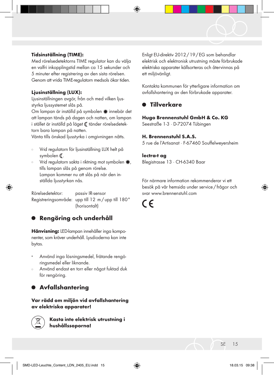 Rengöring och underhåll, Avfallshantering, Tillverkare | Brennenstuhl High Performance LED Lamp L903 IP55 9x3W 1675lm white Energy efficiency class A User Manual | Page 15 / 48