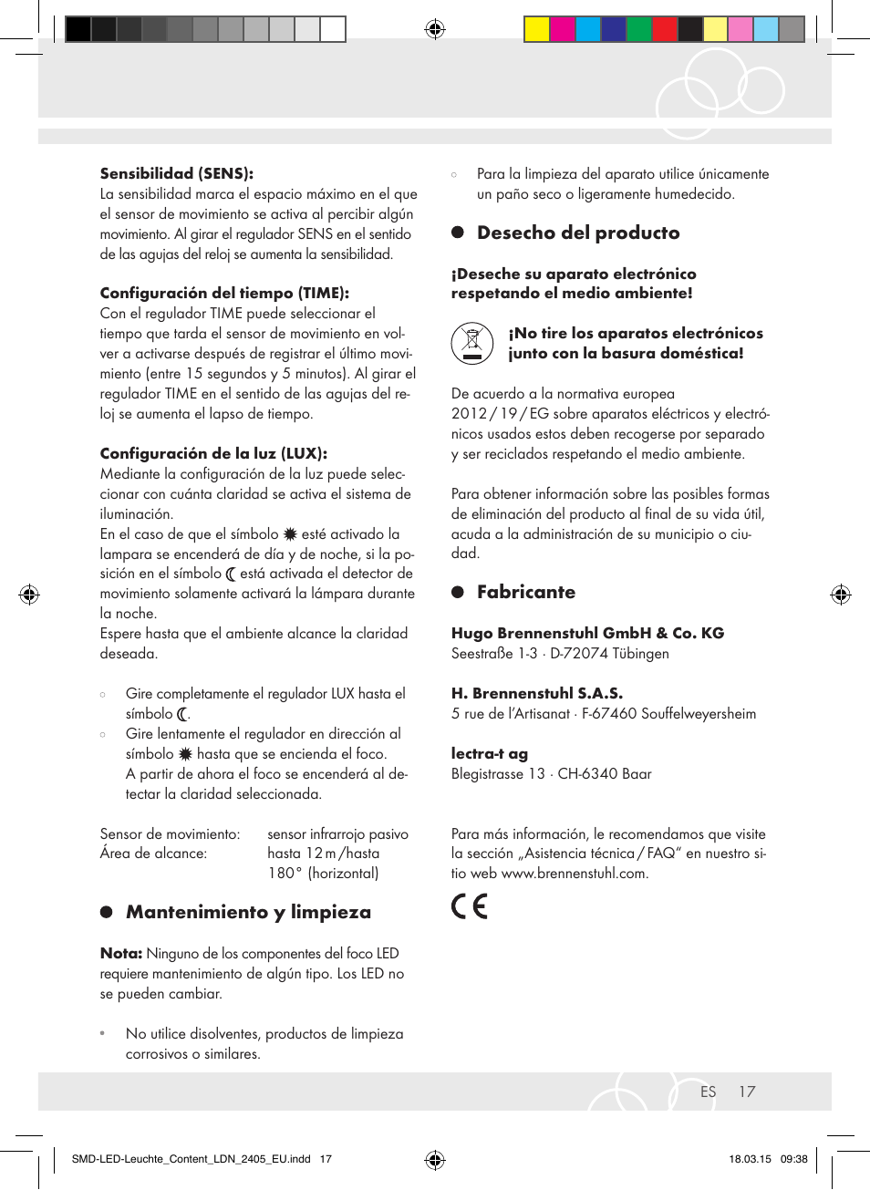 Mantenimiento y limpieza, Desecho del producto, Fabricante | Brennenstuhl High Performance LED Lamp L903 IP55 9x3W 1675lm white Energy efficiency class A User Manual | Page 17 / 48