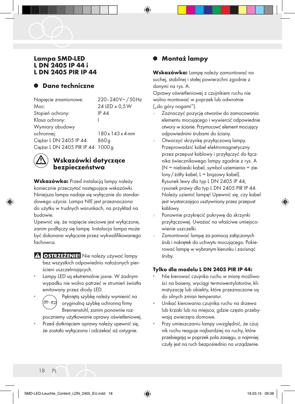 Wskazówki dotyczące bezpieczeństwa, Montaż lampy | Brennenstuhl High Performance LED Lamp L903 IP55 9x3W 1675lm white Energy efficiency class A User Manual | Page 18 / 48