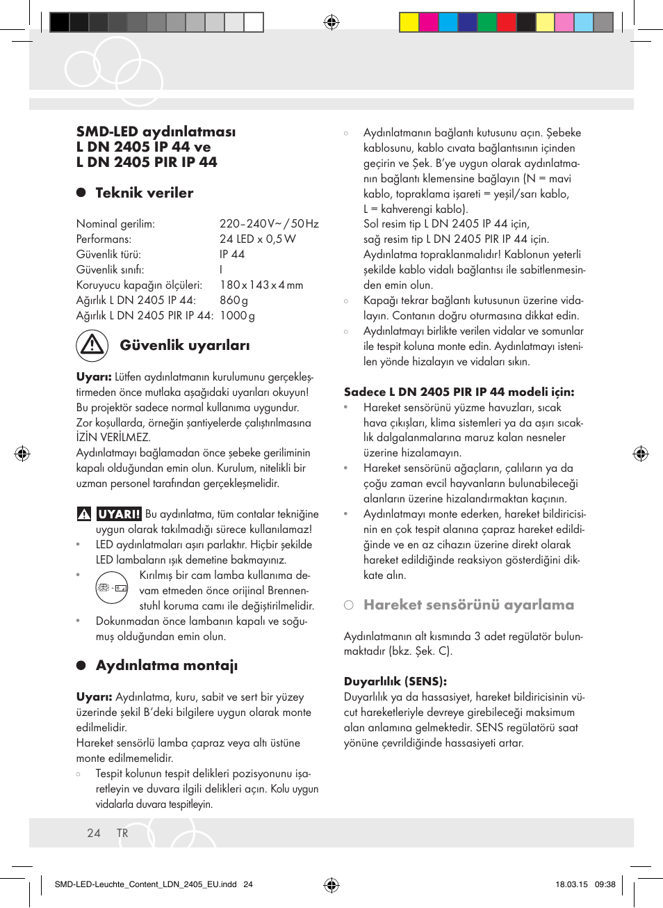 Güvenlik uyarıları, Aydınlatma montajı, Hareket sensörünü ayarlama | Brennenstuhl High Performance LED Lamp L903 IP55 9x3W 1675lm white Energy efficiency class A User Manual | Page 24 / 48