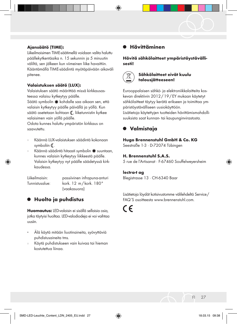 Huolto ja puhdistus, Hävittäminen, Valmistaja | Brennenstuhl High Performance LED Lamp L903 IP55 9x3W 1675lm white Energy efficiency class A User Manual | Page 27 / 48