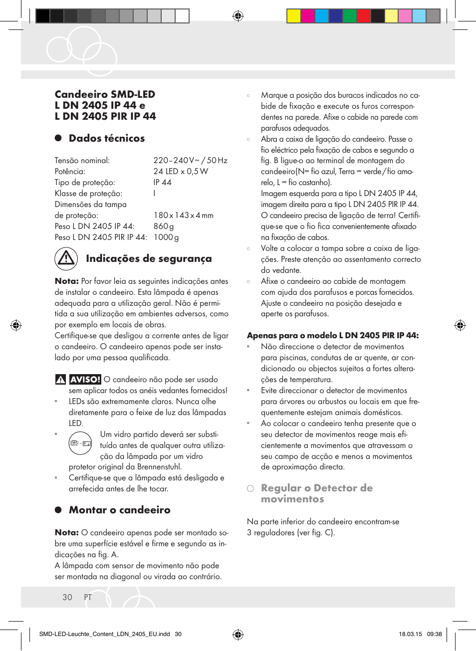 Indicações de segurança, Montar o candeeiro, Regular o detector de movimentos | Brennenstuhl High Performance LED Lamp L903 IP55 9x3W 1675lm white Energy efficiency class A User Manual | Page 30 / 48