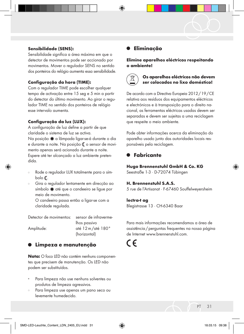 Limpeza e manutenção, Eliminação, Fabricante | Brennenstuhl High Performance LED Lamp L903 IP55 9x3W 1675lm white Energy efficiency class A User Manual | Page 31 / 48
