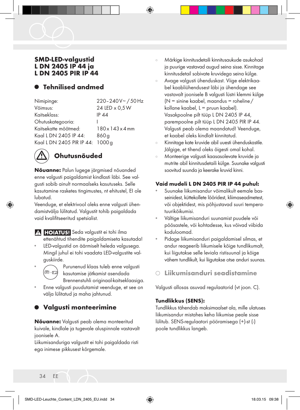 Ohutusnõuded, Valgusti monteerimine, Liikumisanduri seadistamine | Brennenstuhl High Performance LED Lamp L903 IP55 9x3W 1675lm white Energy efficiency class A User Manual | Page 34 / 48