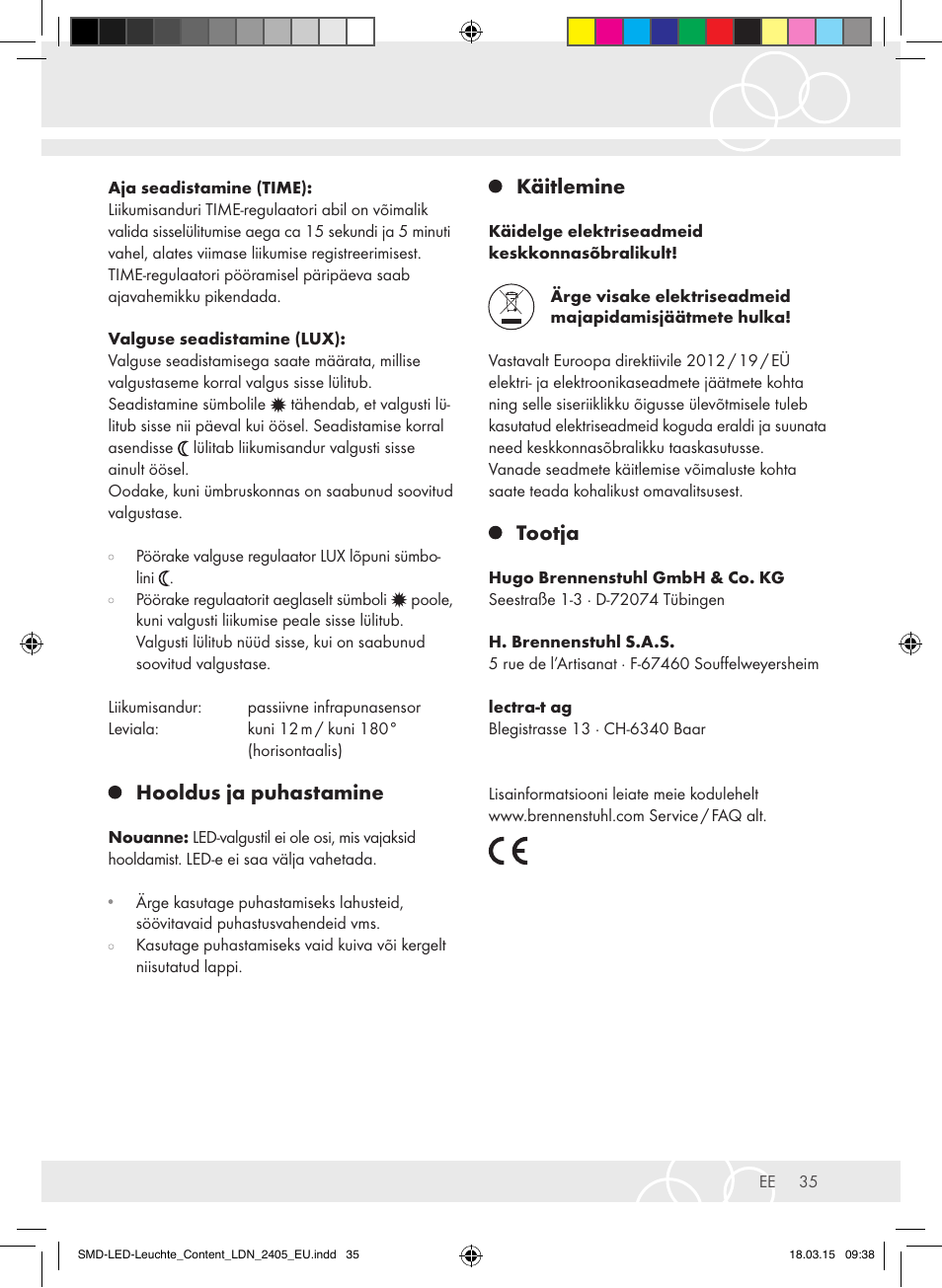 Hooldus ja puhastamine, Käitlemine, Tootja | Brennenstuhl High Performance LED Lamp L903 IP55 9x3W 1675lm white Energy efficiency class A User Manual | Page 35 / 48