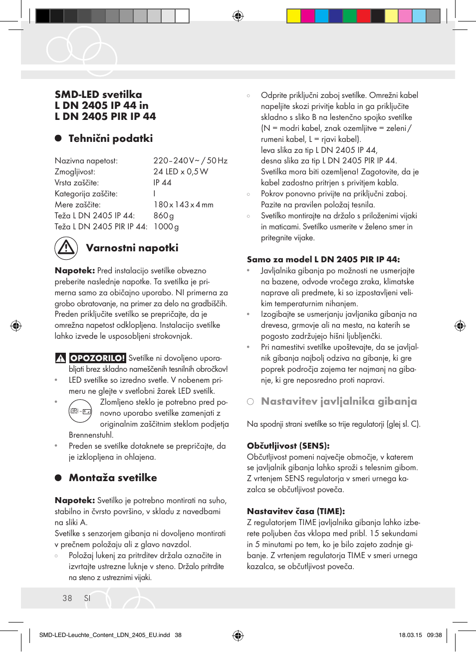 Varnostni napotki, Montaža svetilke, Nastavitev javljalnika gibanja | Brennenstuhl High Performance LED Lamp L903 IP55 9x3W 1675lm white Energy efficiency class A User Manual | Page 38 / 48