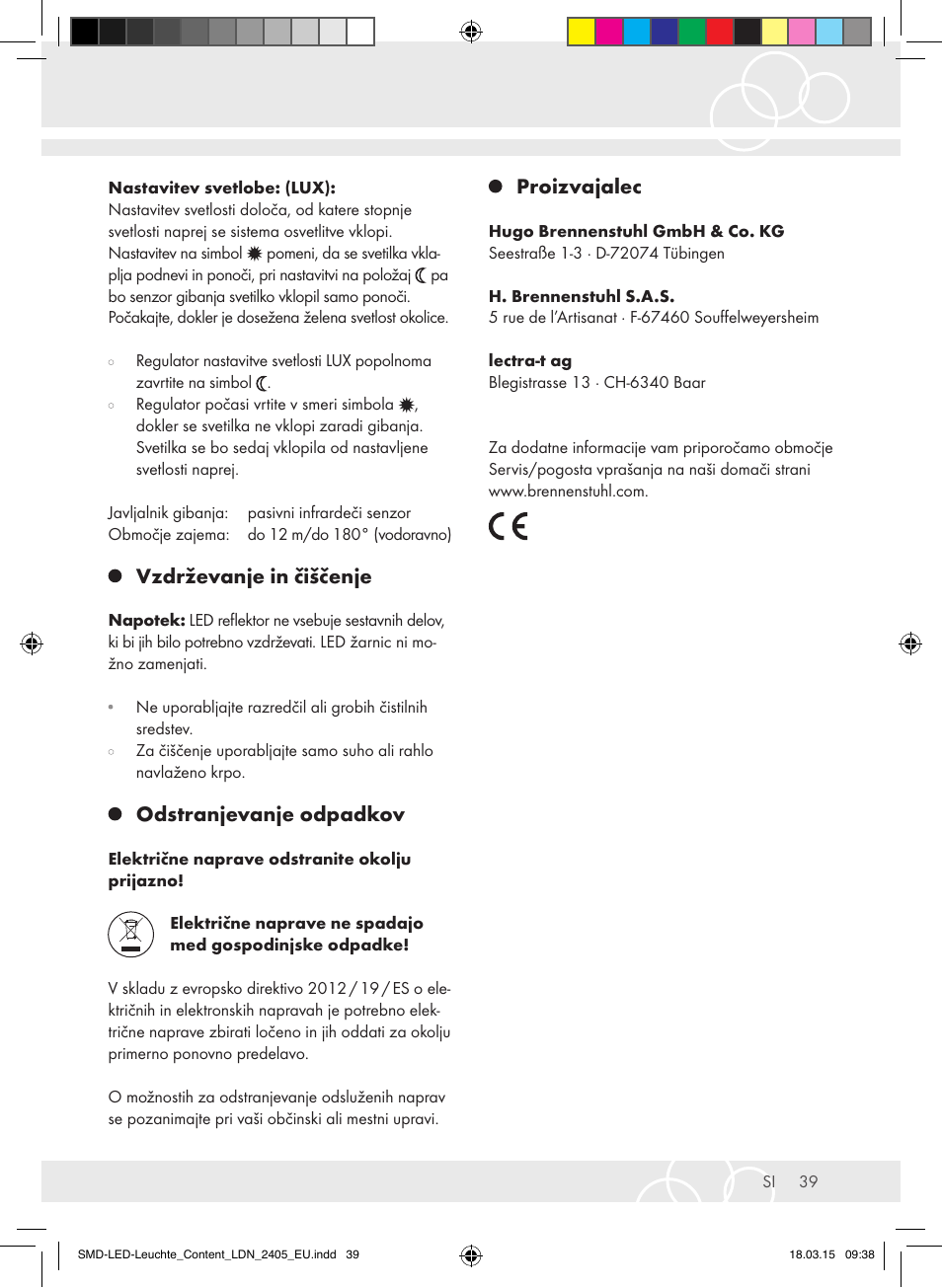 Vzdrževanje in čiščenje, Odstranjevanje odpadkov, Proizvajalec | Brennenstuhl High Performance LED Lamp L903 IP55 9x3W 1675lm white Energy efficiency class A User Manual | Page 39 / 48