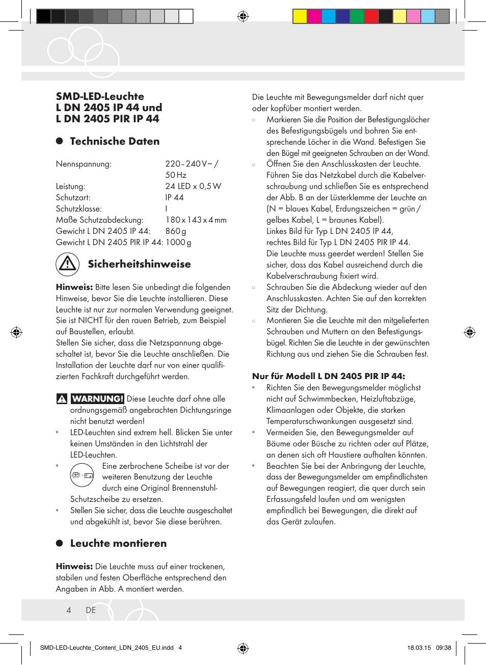 Sicherheitshinweise, Leuchte montieren | Brennenstuhl High Performance LED Lamp L903 IP55 9x3W 1675lm white Energy efficiency class A User Manual | Page 4 / 48