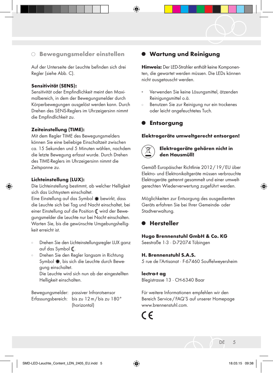 Bewegungsmelder einstellen, Wartung und reinigung, Entsorgung | Hersteller | Brennenstuhl High Performance LED Lamp L903 IP55 9x3W 1675lm white Energy efficiency class A User Manual | Page 5 / 48