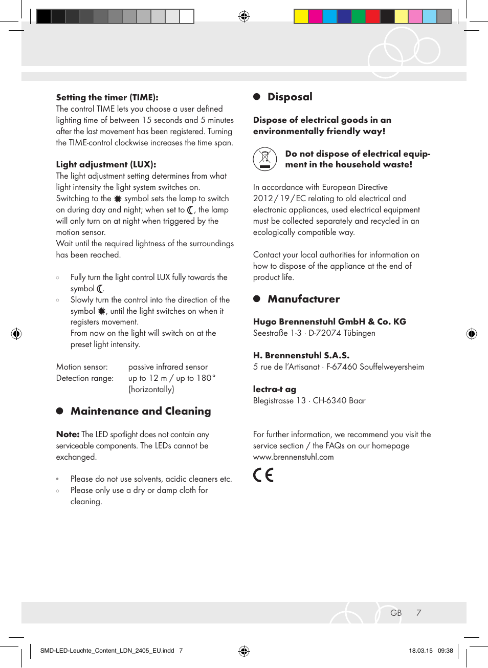 Maintenance and cleaning, Disposal, Manufacturer | Brennenstuhl High Performance LED Lamp L903 IP55 9x3W 1675lm white Energy efficiency class A User Manual | Page 7 / 48