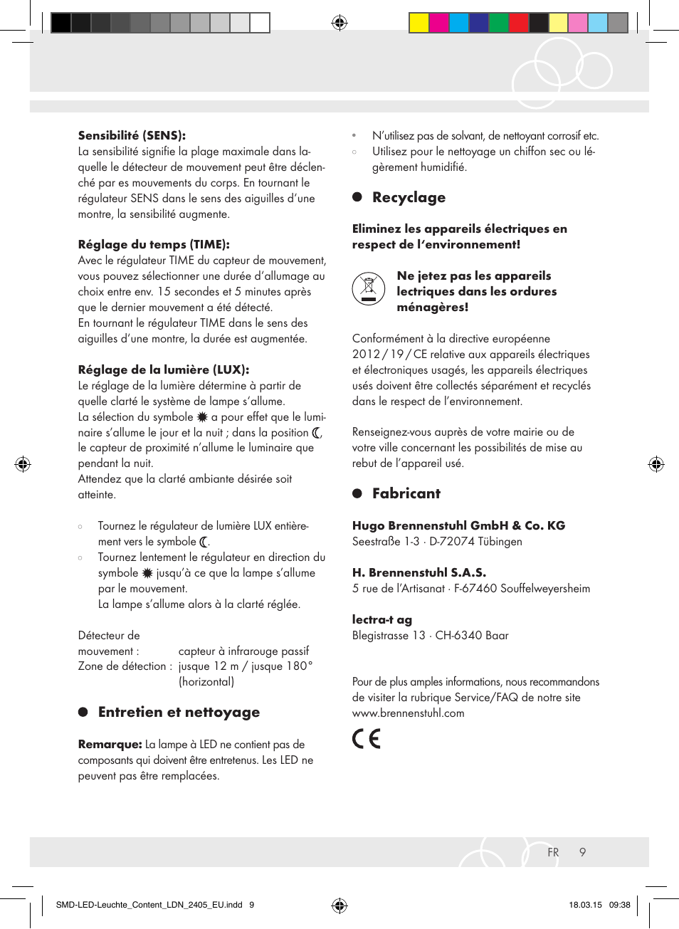 Entretien et nettoyage, Recyclage, Fabricant | Brennenstuhl High Performance LED Lamp L903 IP55 9x3W 1675lm white Energy efficiency class A User Manual | Page 9 / 48