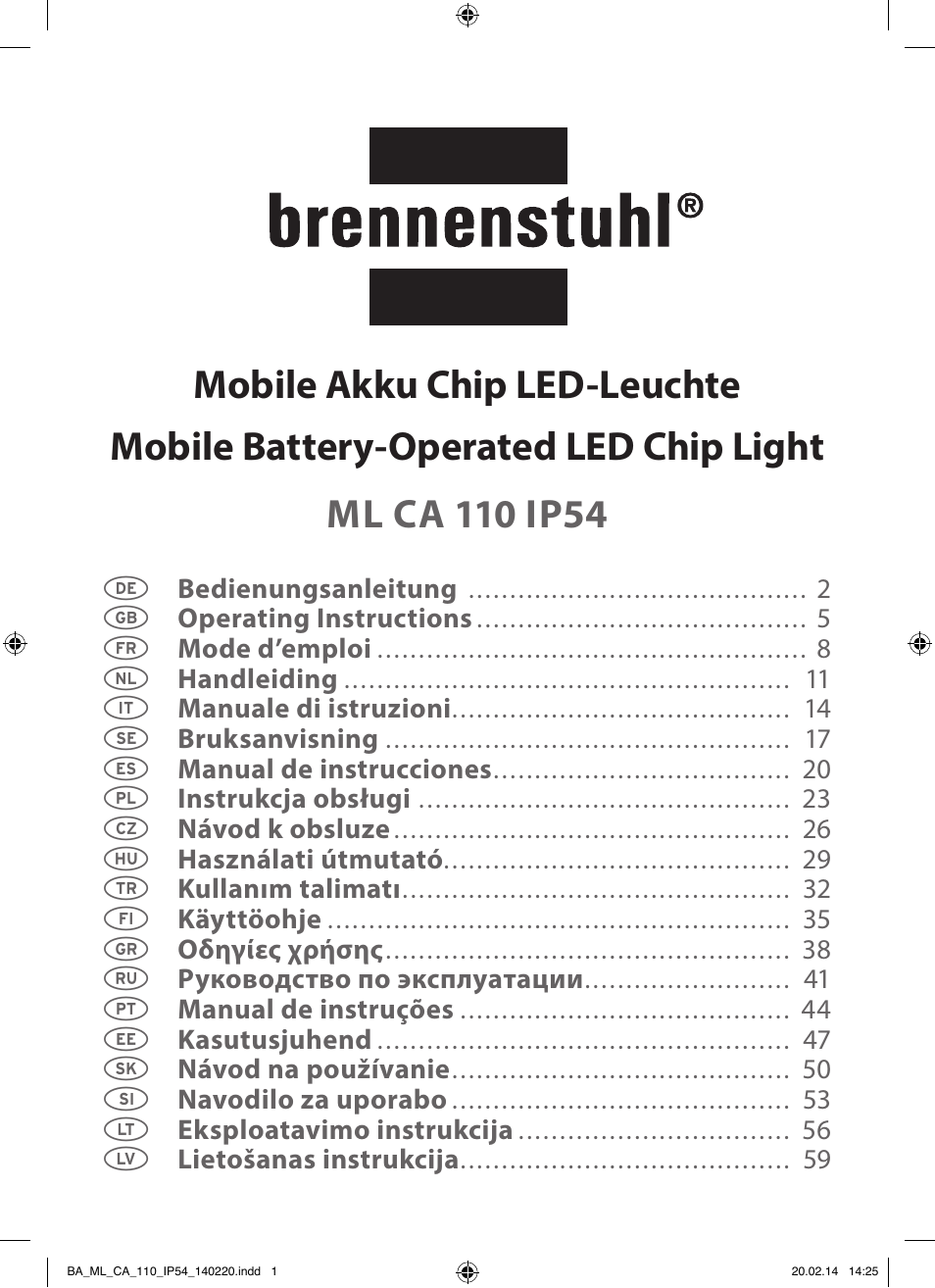 Brennenstuhl Mobile Akku Chip LED Light ML CA 110 IP54 10W 650lm battery exchangeable and with power supply User Manual | 64 pages